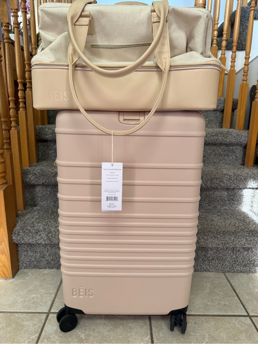 BEIS tan Medium Check Spinner Luggage with Matching Tote